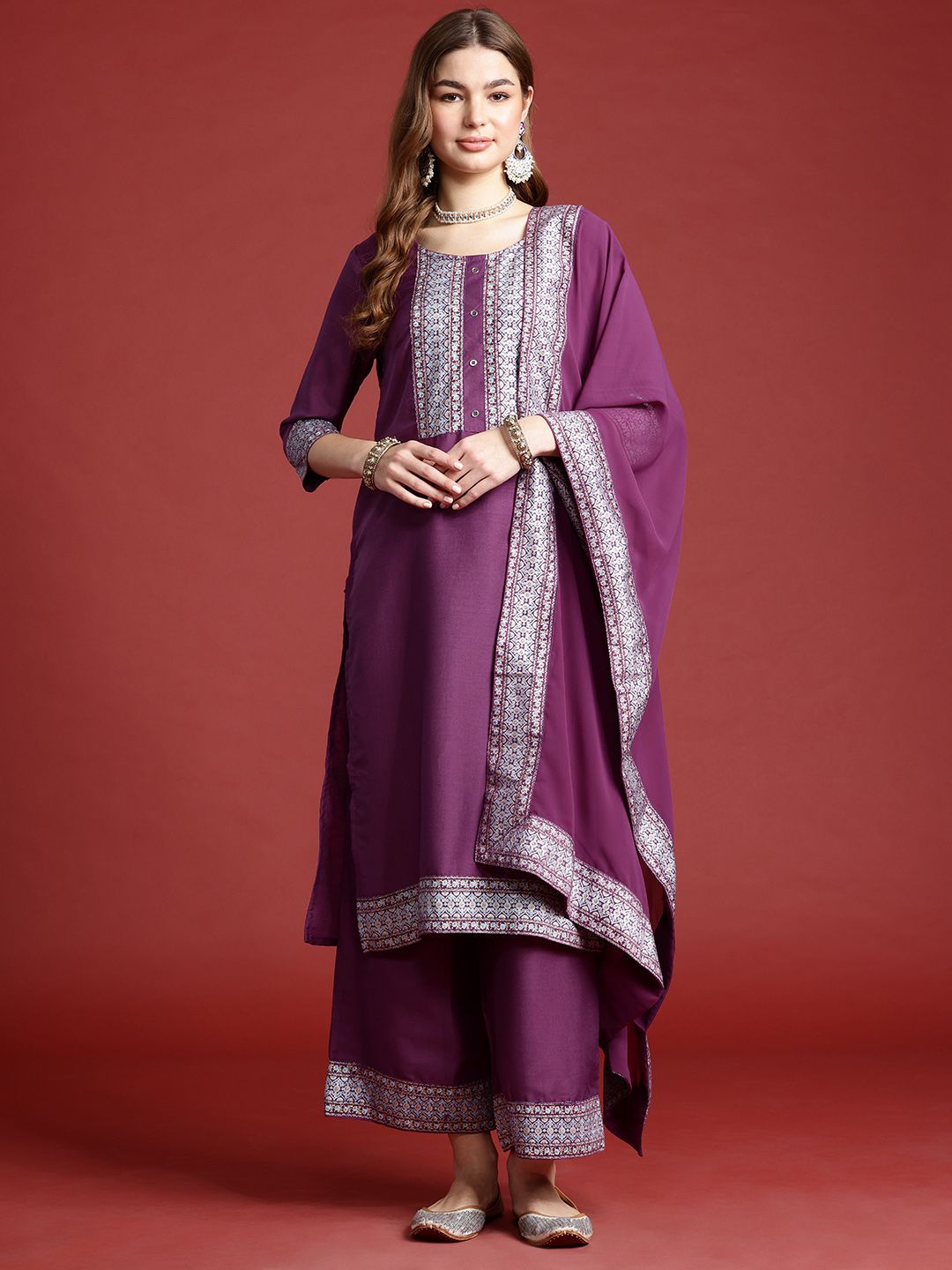 Anouk Ethnic Motifs Regular Kurta With Palazzos & Dupatta