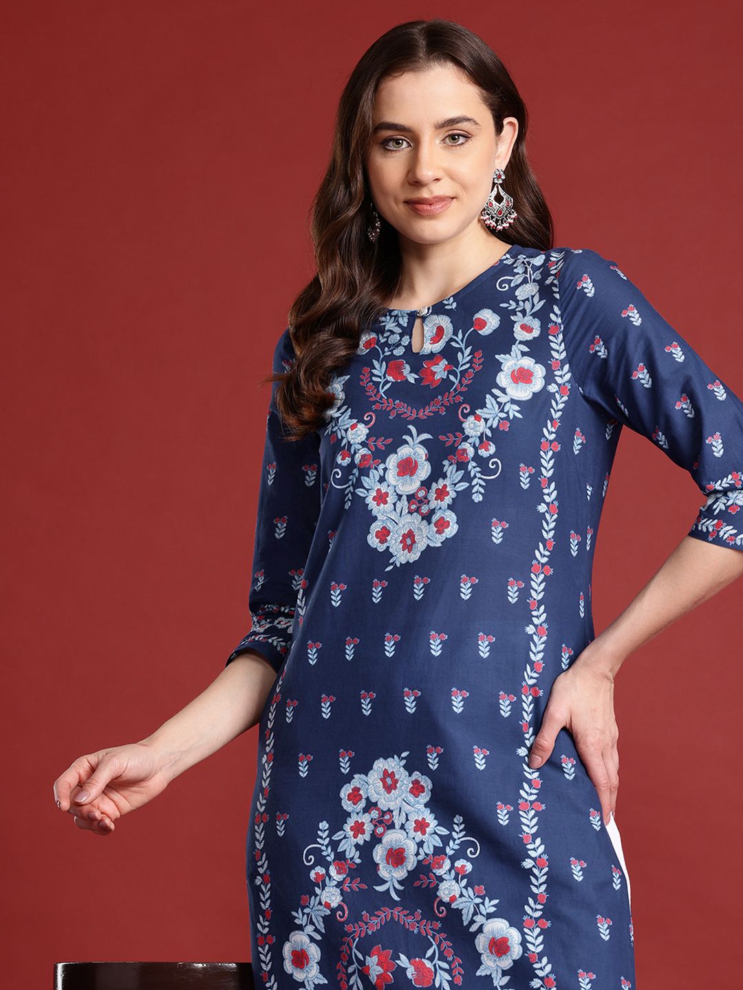 Anouk X Kaarkhana Pure Cotton Floral Print Keyhole Neck Indigo Kurta