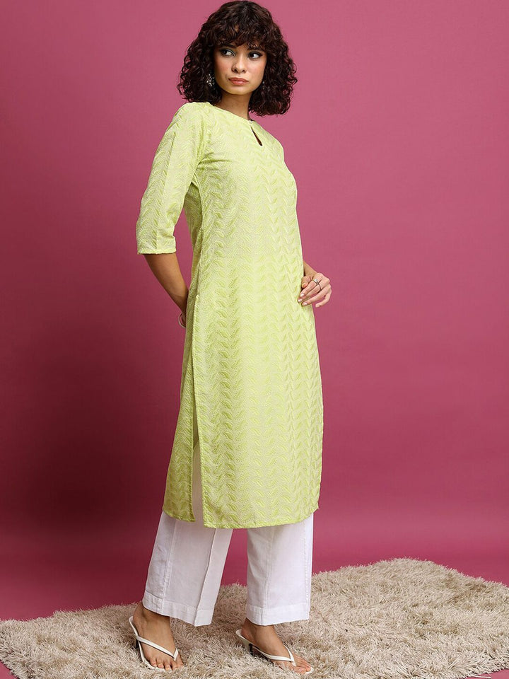 Vishudh Lime Green Floral Embroidered Straight Kurta