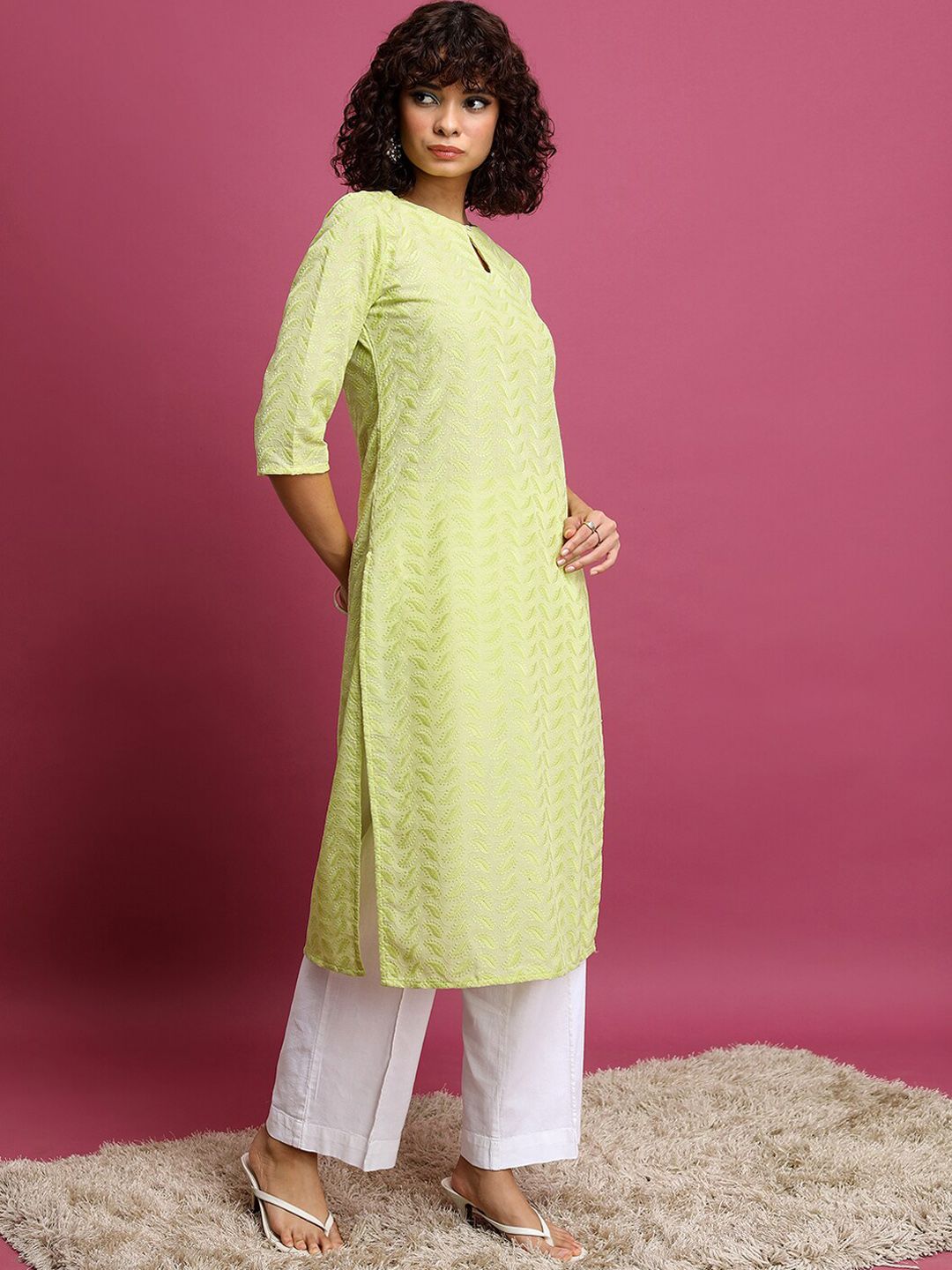 Vishudh Lime Green Floral Embroidered Straight Kurta