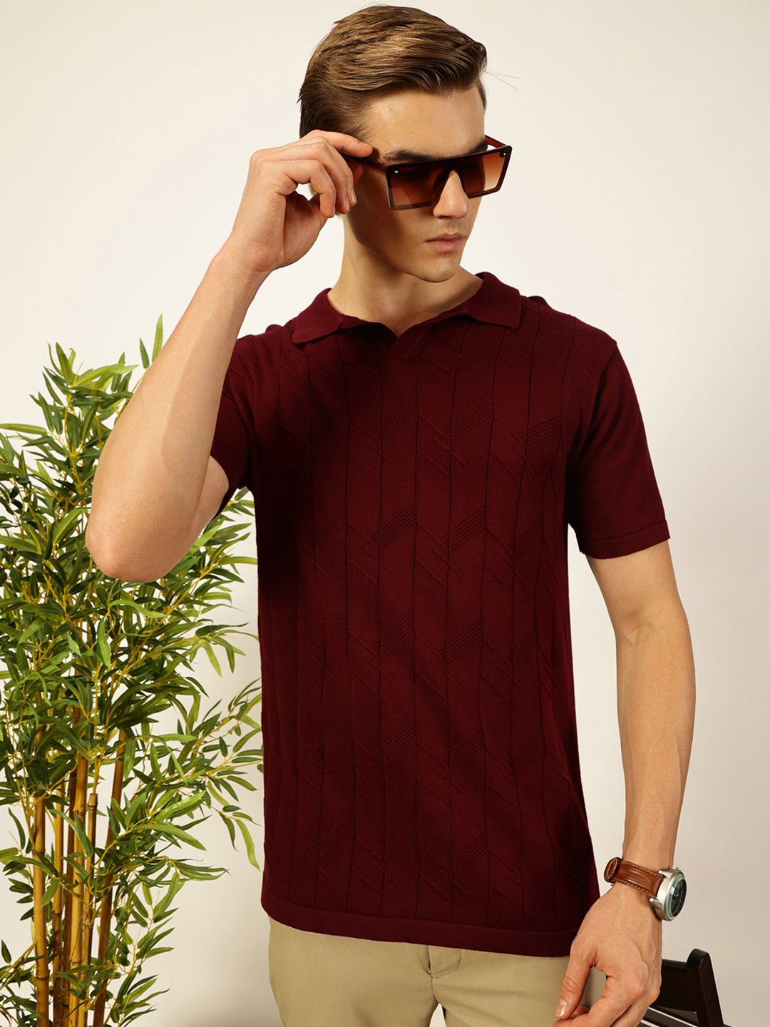 Thomas Scott Men Self Design Regular Fit Knitted Polo T-shirt