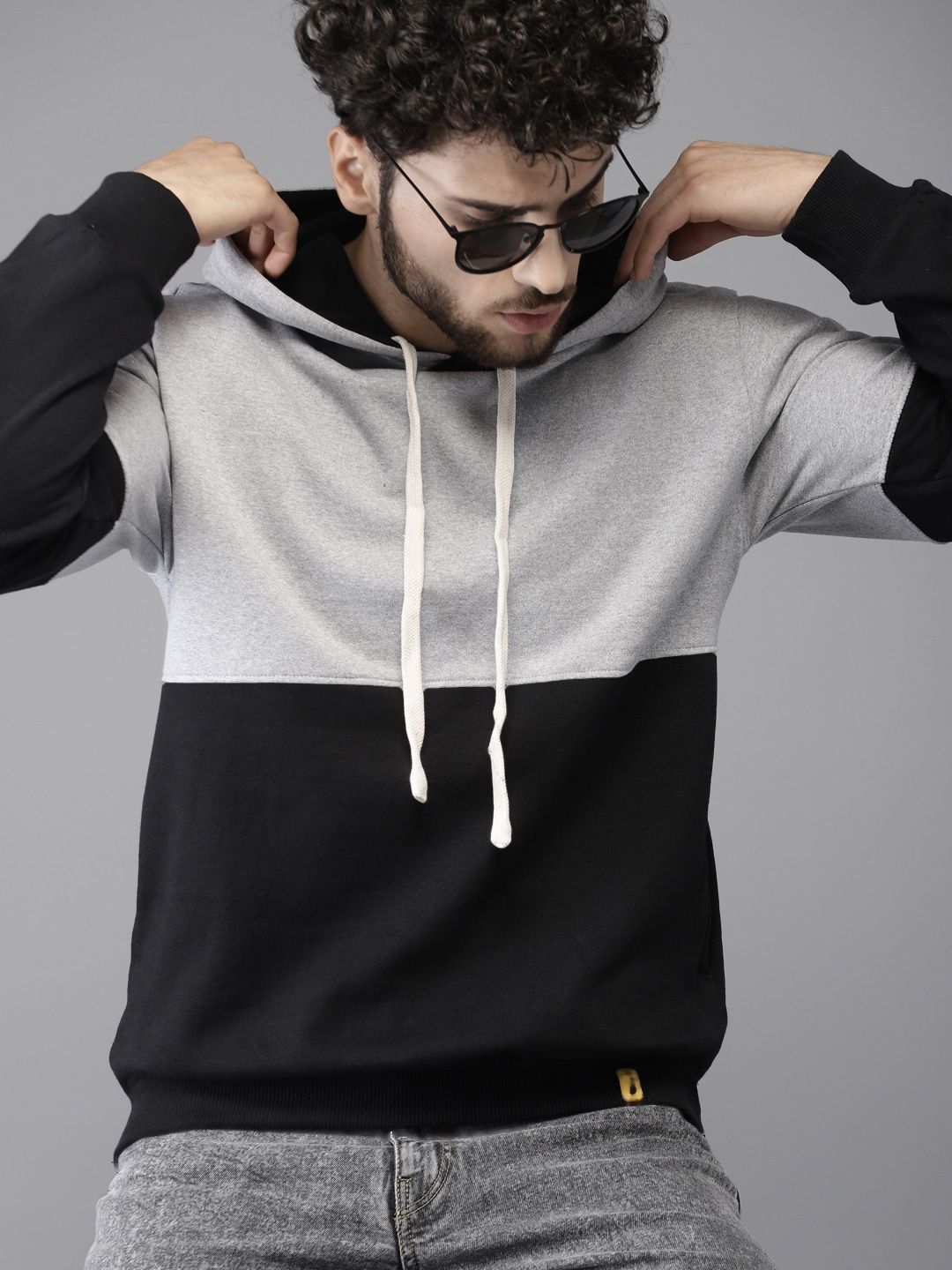 Campus Sutra Men Black & Grey Colourblocked Hooded Sweatshirt