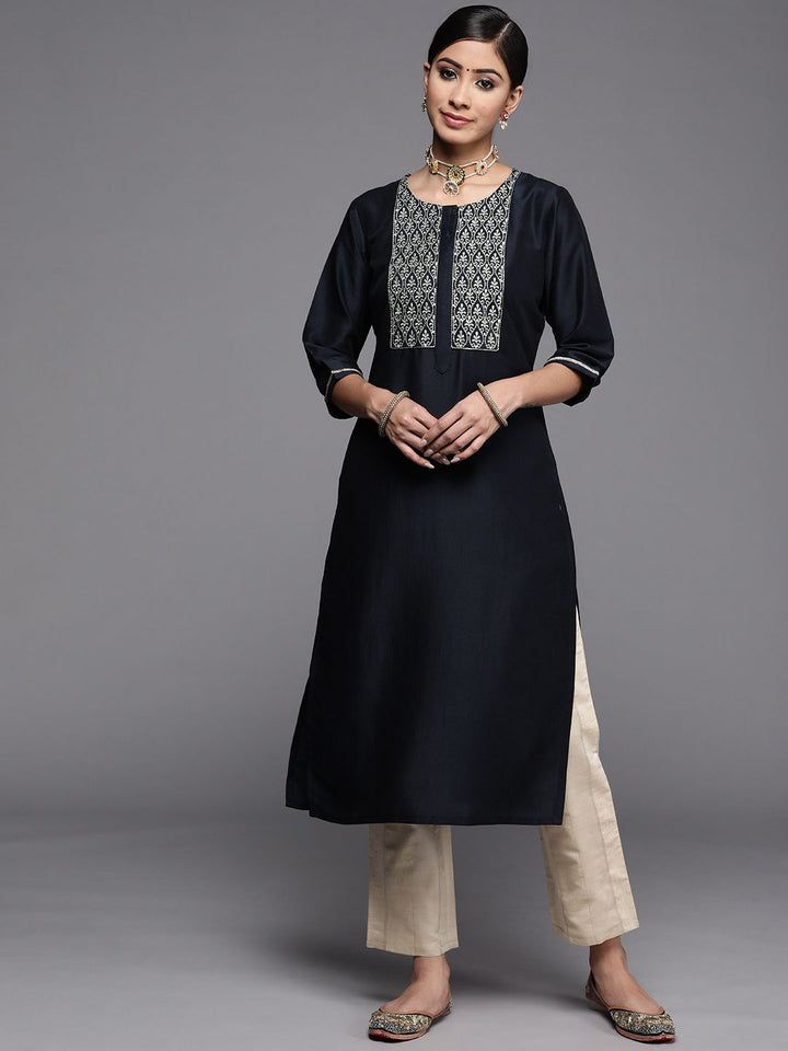 Libas Women Navy Blue Ethnic Motifs Yoke Design Kurta