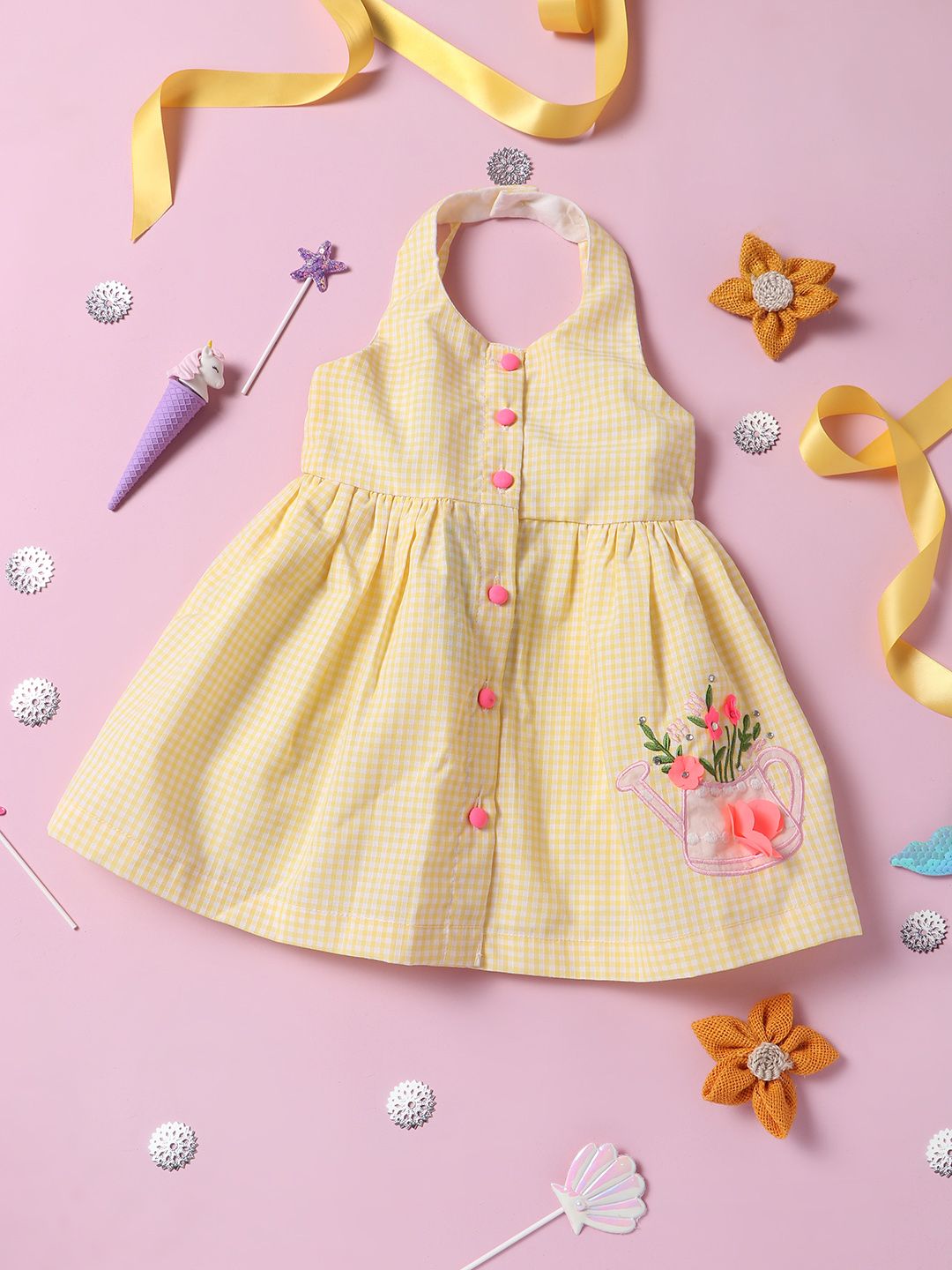 Nauti Nati Girls Yellow Checked Fit and Flare Dress