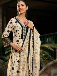 Indo Era Floral Embroidered Regular Thread Work Pure Cotton Kurta with Trousers & Dupatta