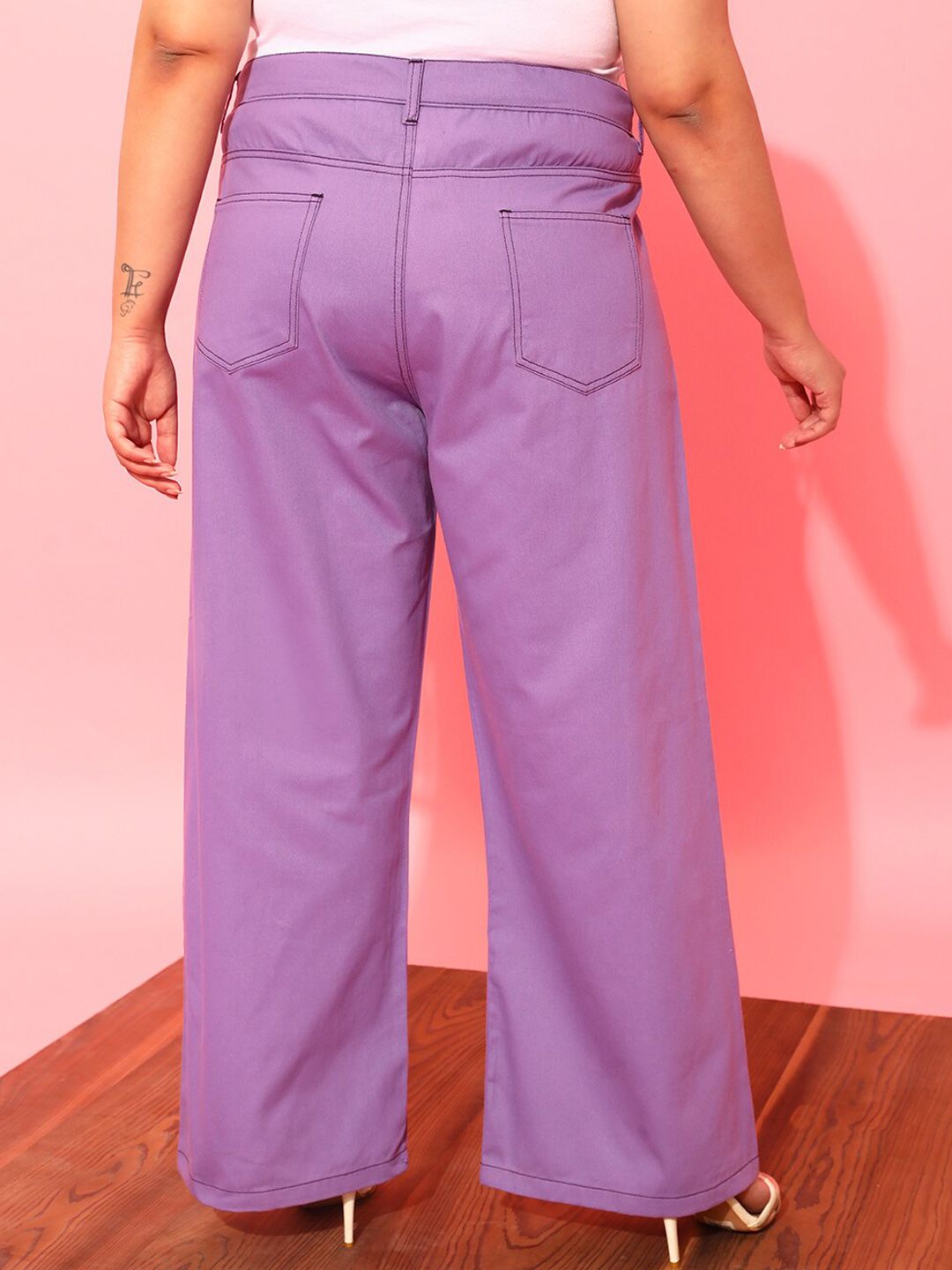 CURVY STREET Women Plus Size Lavender Relaxed Straight Leg Pure Cotton Trousers