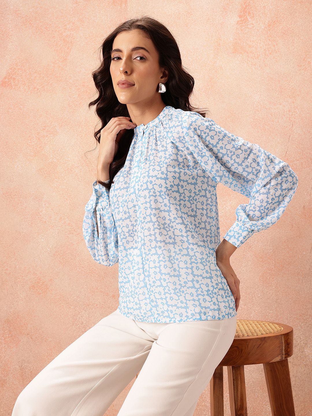 all about you Floral Print Mandarin Collar Puff Sleeve Top