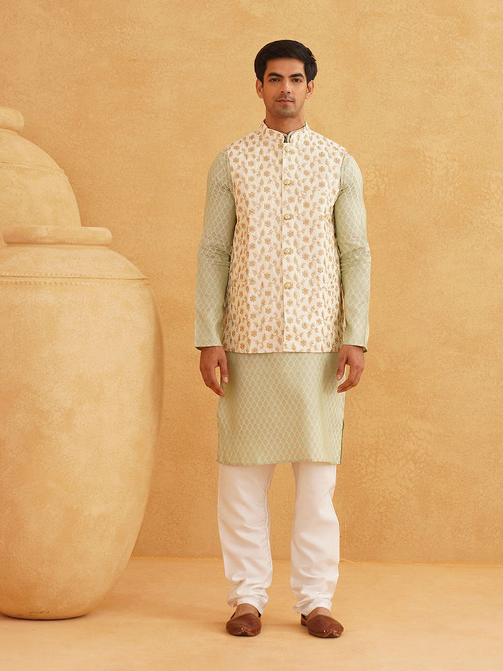 SOJANYA Ethnic Motifs Woven Design Band Collar Kurta With Pyjamas & Nehru Jacket