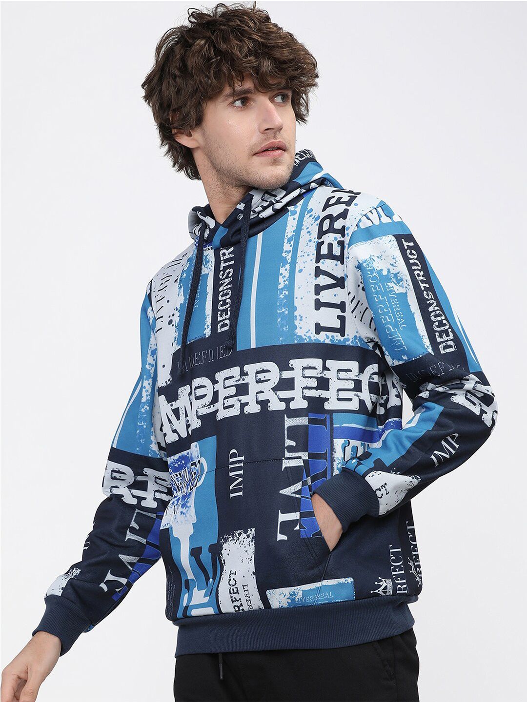 HIGHLANDER Men Blue & White Printed Hooded Sweatshirt