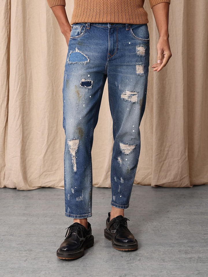 Mr Bowerbird Men Cropped Tapered Fit Mildly Distressed Heavy Fade Printed Jeans