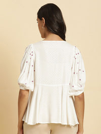 W Floral Embroidered Puff Sleeve A Line Top