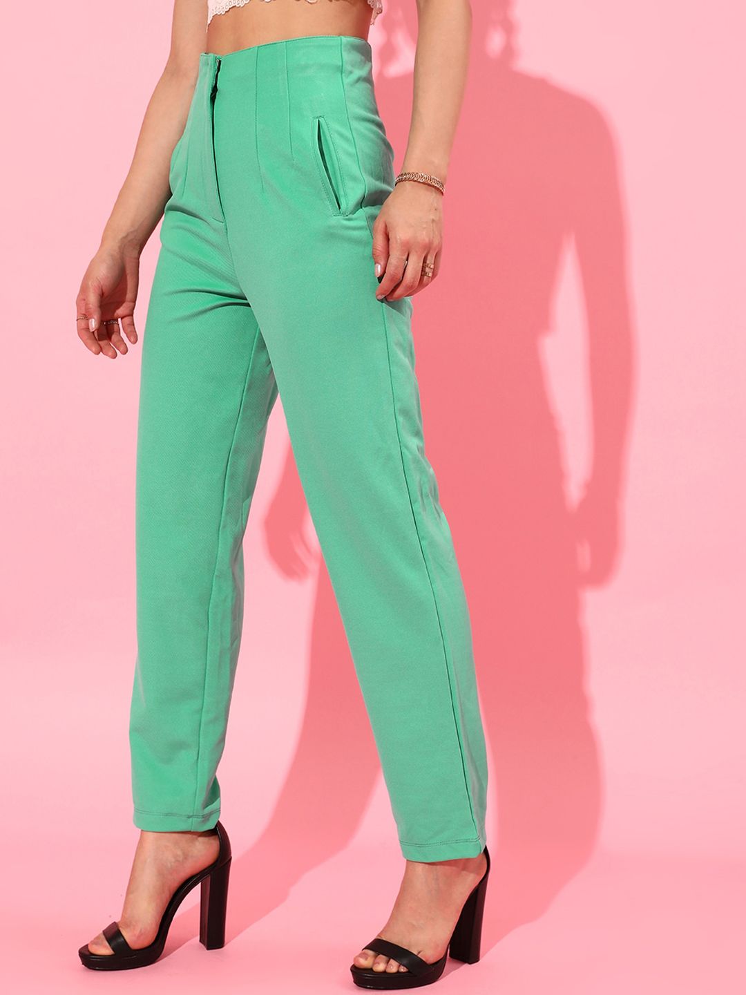 WORK IT by STREET 9 Women Green Straight Fit High-Rise Pleated Trousers