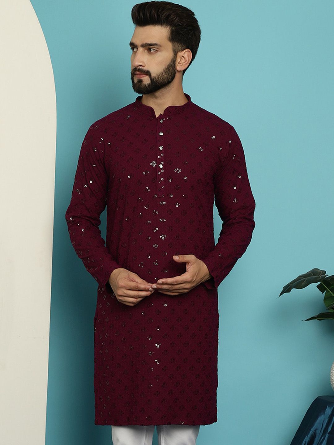 SOJANYA Dihiasi Kolar Mandarin Kurta Lurus Kapas Tulen