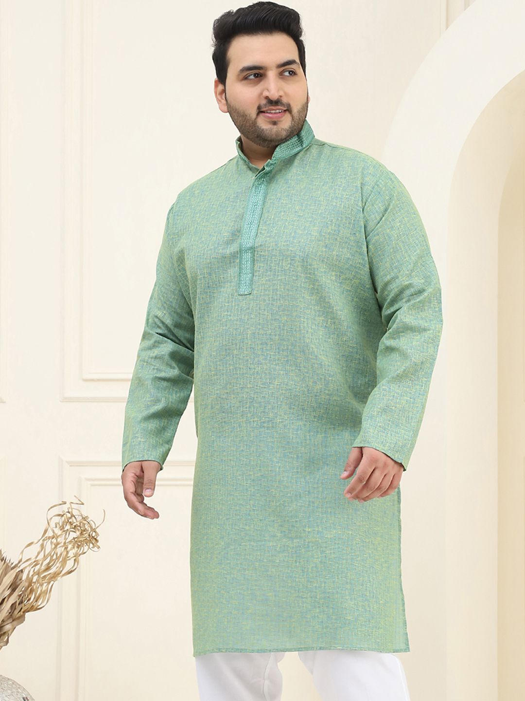 SOJANYA PLUS Men Plus Size Green Self-Checked Cotton Straight Kurta