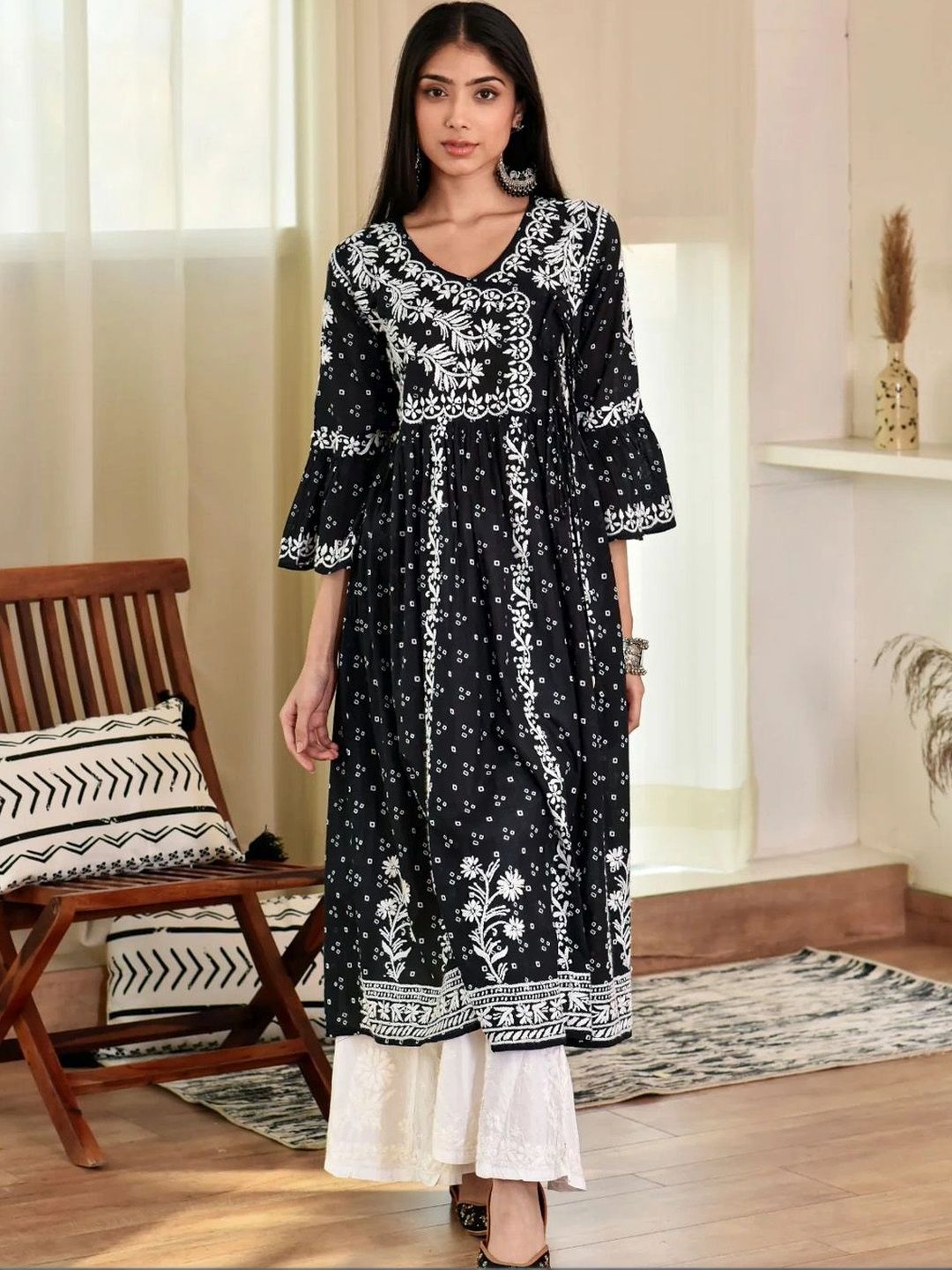 House of Chikankari Women Ethnic Motifs Printed Flared Sleeves Indie Prints Kurta