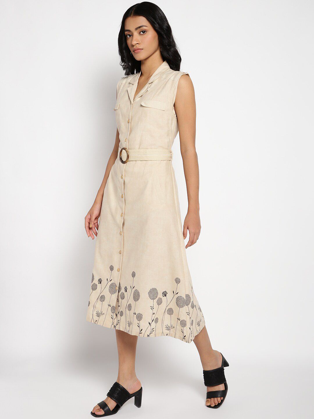 W Women Beige Floral Shirt Style Midi Dress