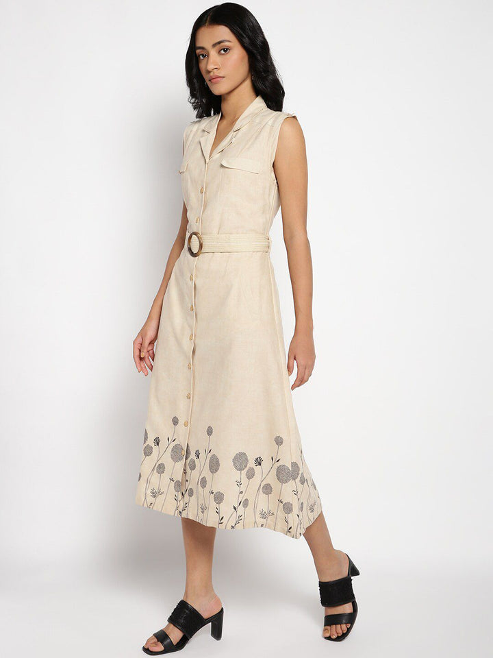 W Women Beige Floral Shirt Style Midi Dress