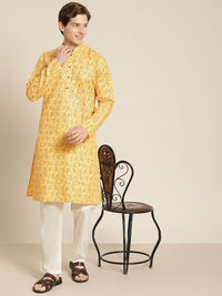 SOJANYA Lelaki Kuning & Coklat Kapas Linen Abstrak Bercetak Kurta