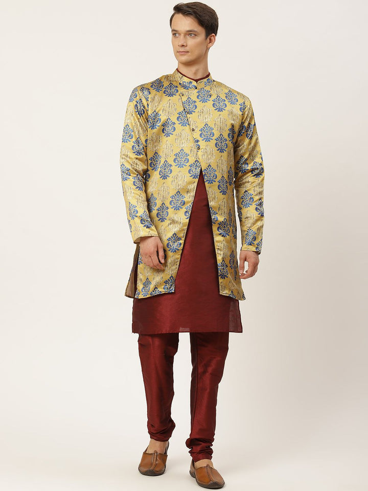 SOJANYA Men Maroon & Golden Solid Kurta with Churidar & Ethnic Jacket