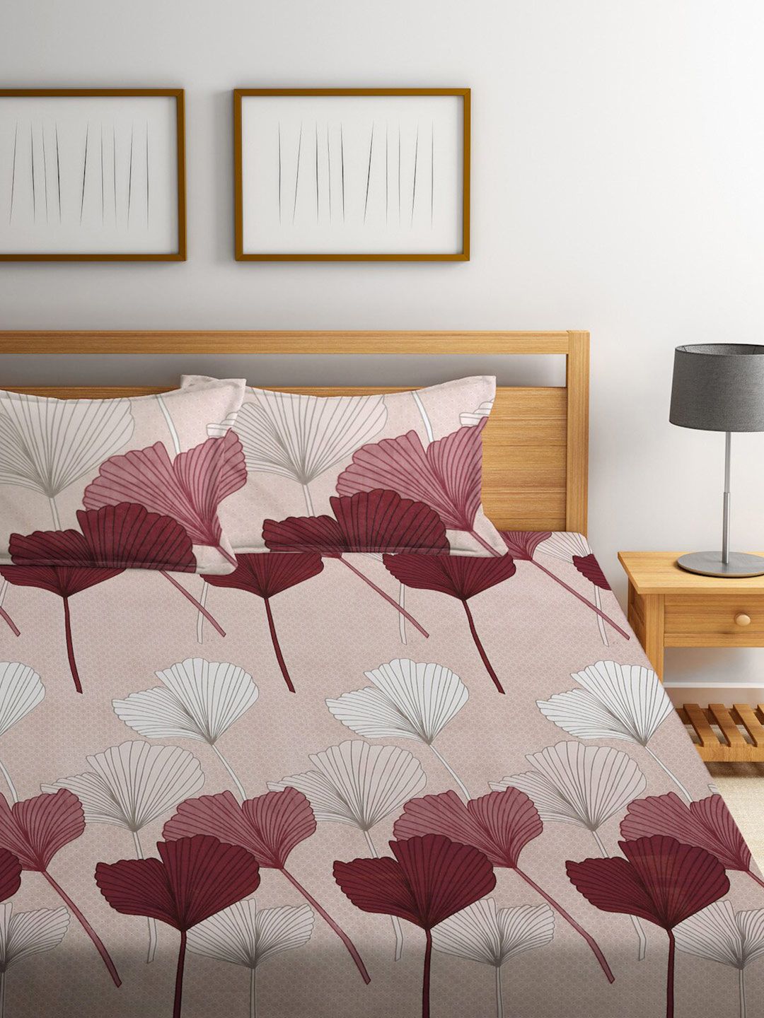 KLOTTHE Beige Floral 300 TC Pure Cotton Blend Double King Bedsheet Set