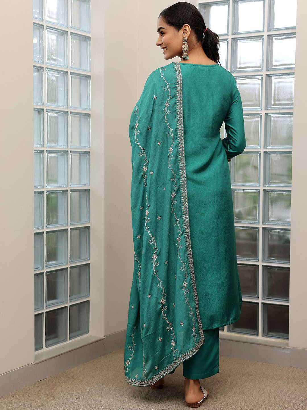 Libas Floral Embroidered Zari Straight Kurta with Palazzos & Dupatta