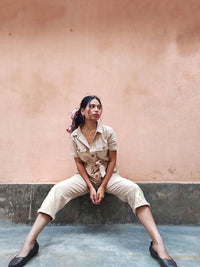 SASSAFRAS Women Beige Solid Twill Tapered Basic Jumpsuit