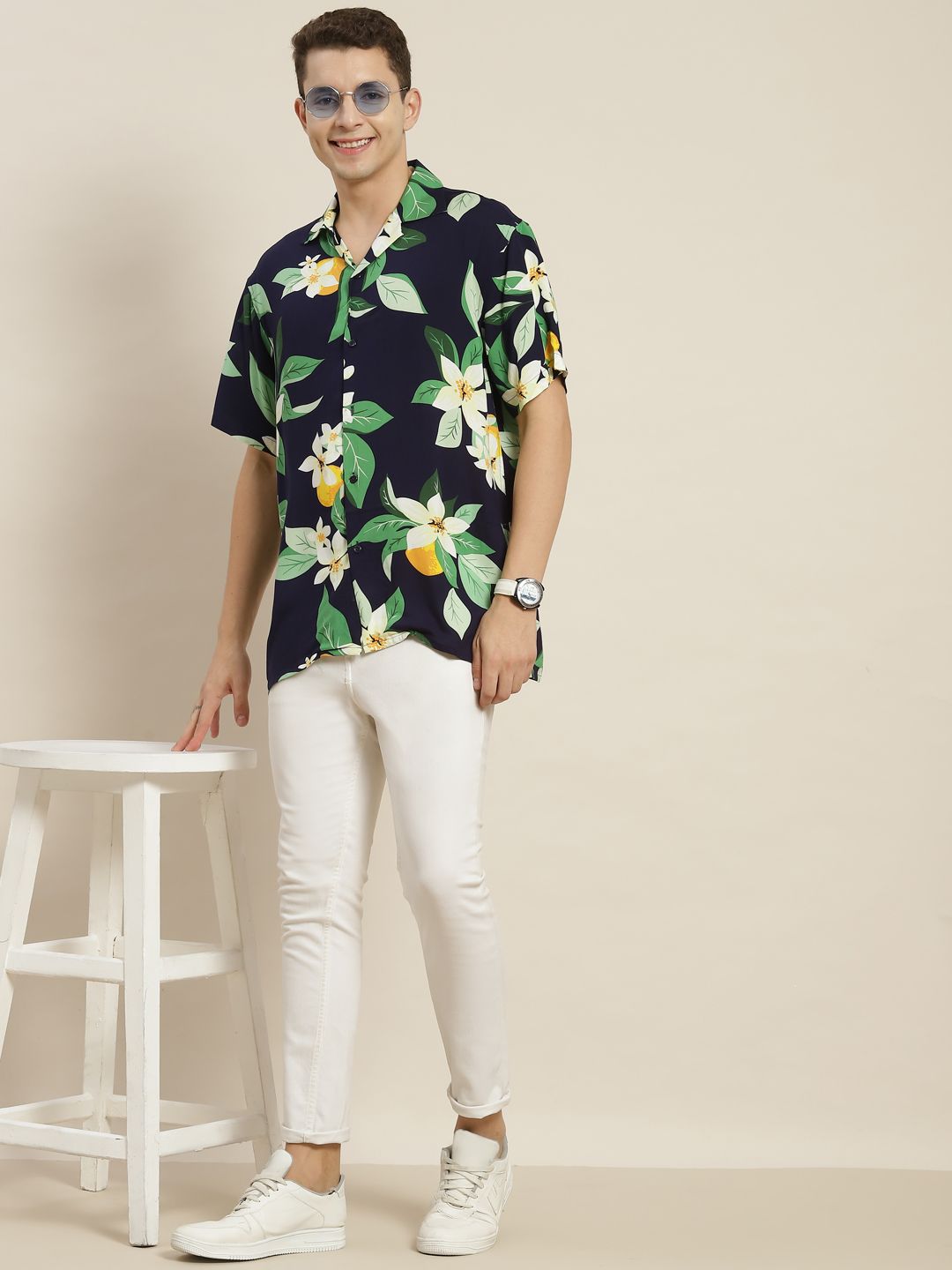 Hancock Men Navy & Green Printed Relaxed Fit Casual Resort Shirt