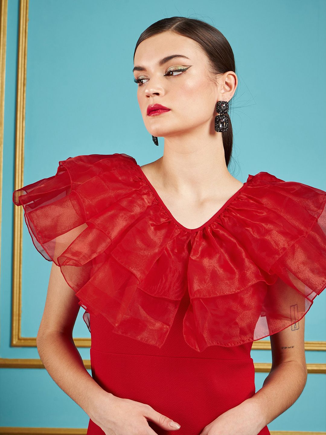 SASSAFRAS Red V-Neck Flutter Sleeve Ruffles Detail Sheath Dress