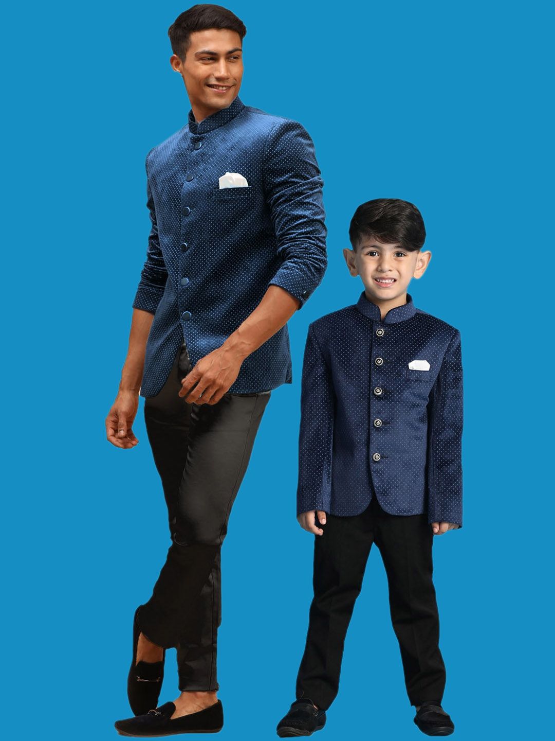 VASTRAMAY Boys Polka Dot Printed Velvet Slim Fit Velvet Bandhgala Blazer