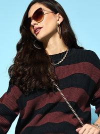Berrylush Women Classy Black Striped Knits Bits Sweater