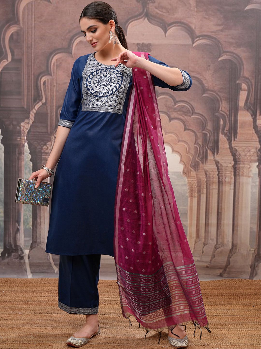 Vishudh Teal Ethnic Motifs Yoke Design Straight Kurta with Palazzo & Dupatta