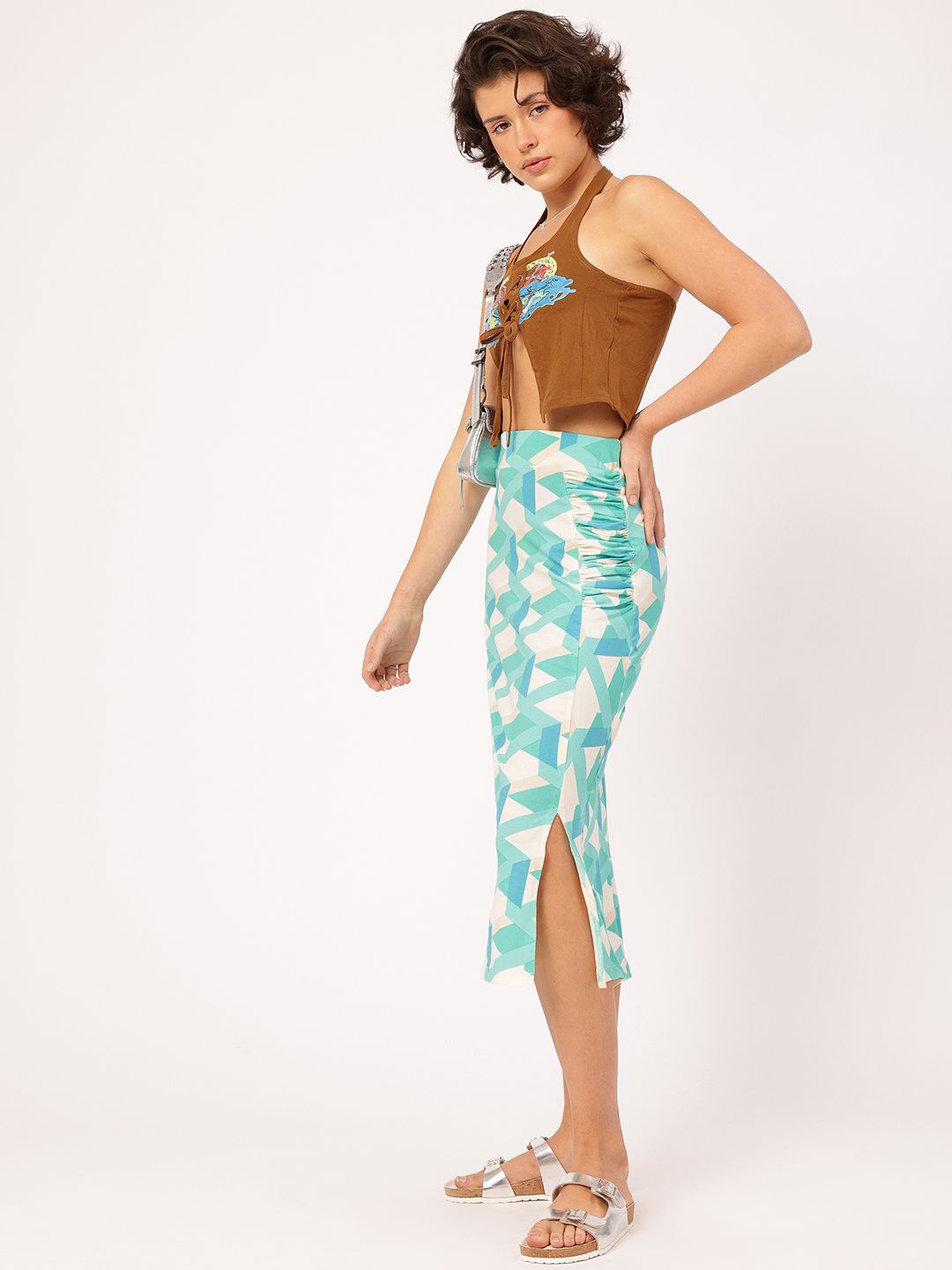 DressBerry Girly Glam Ruched Side Slit Midi Pencil Skirt