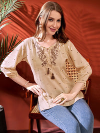 Anouk Tie Up Neck Floral Embroidered Liva Straight Kurta