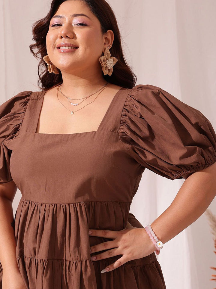 Curvy Street Plus Size Puff Lengan Kapas Fit & Flare Dress