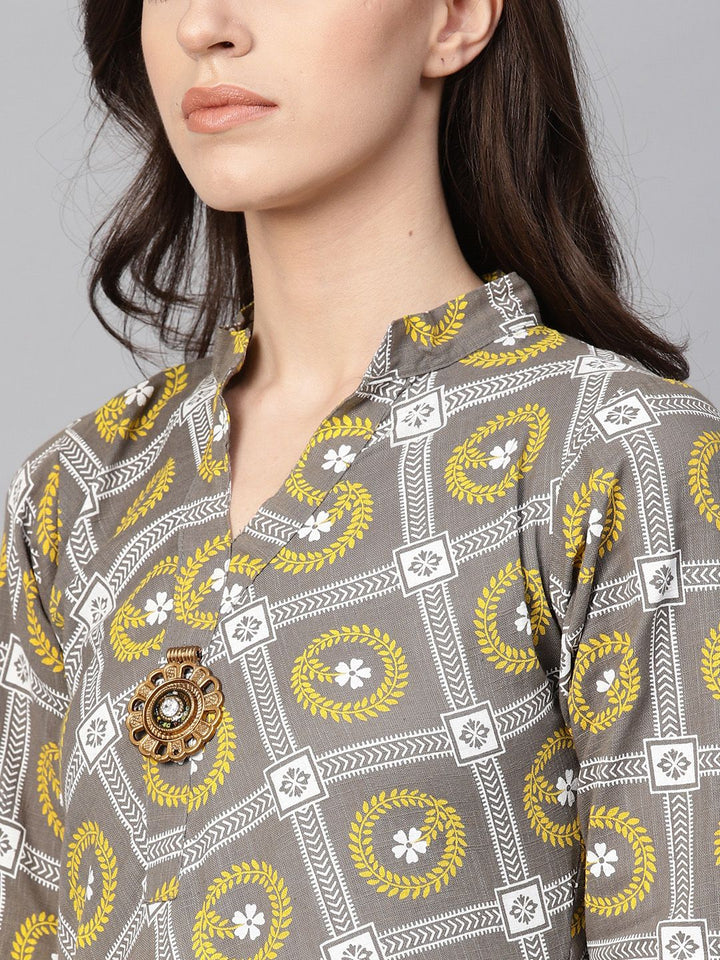 SOJANYA Kurta Bercetak A-Line Wanita Kelabu & Kuning