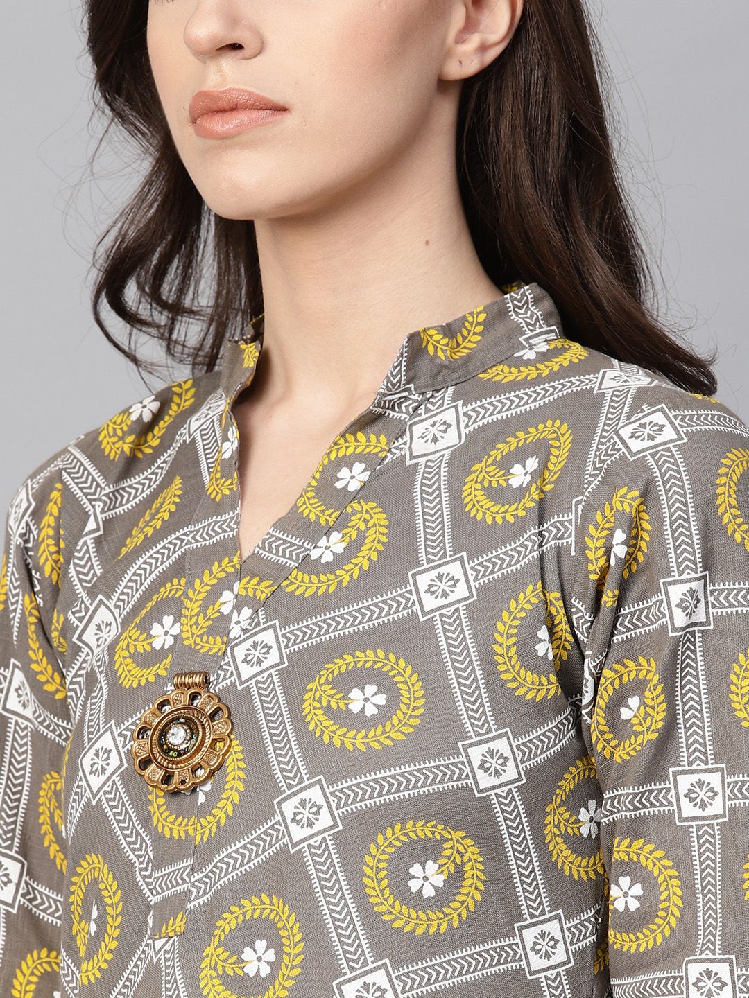 SOJANYA Kurta Bercetak A-Line Wanita Kelabu & Kuning