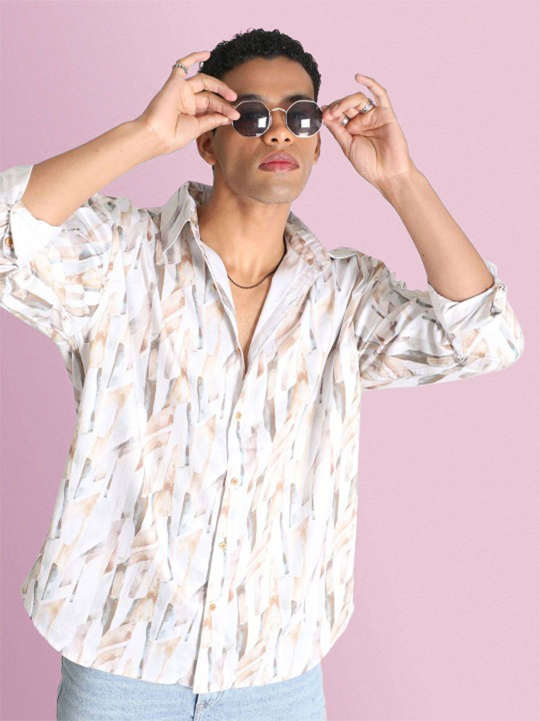 Bene Kleed Men Classic Spread Collar Abstract Printed Cotton Oversized Casual Shirt