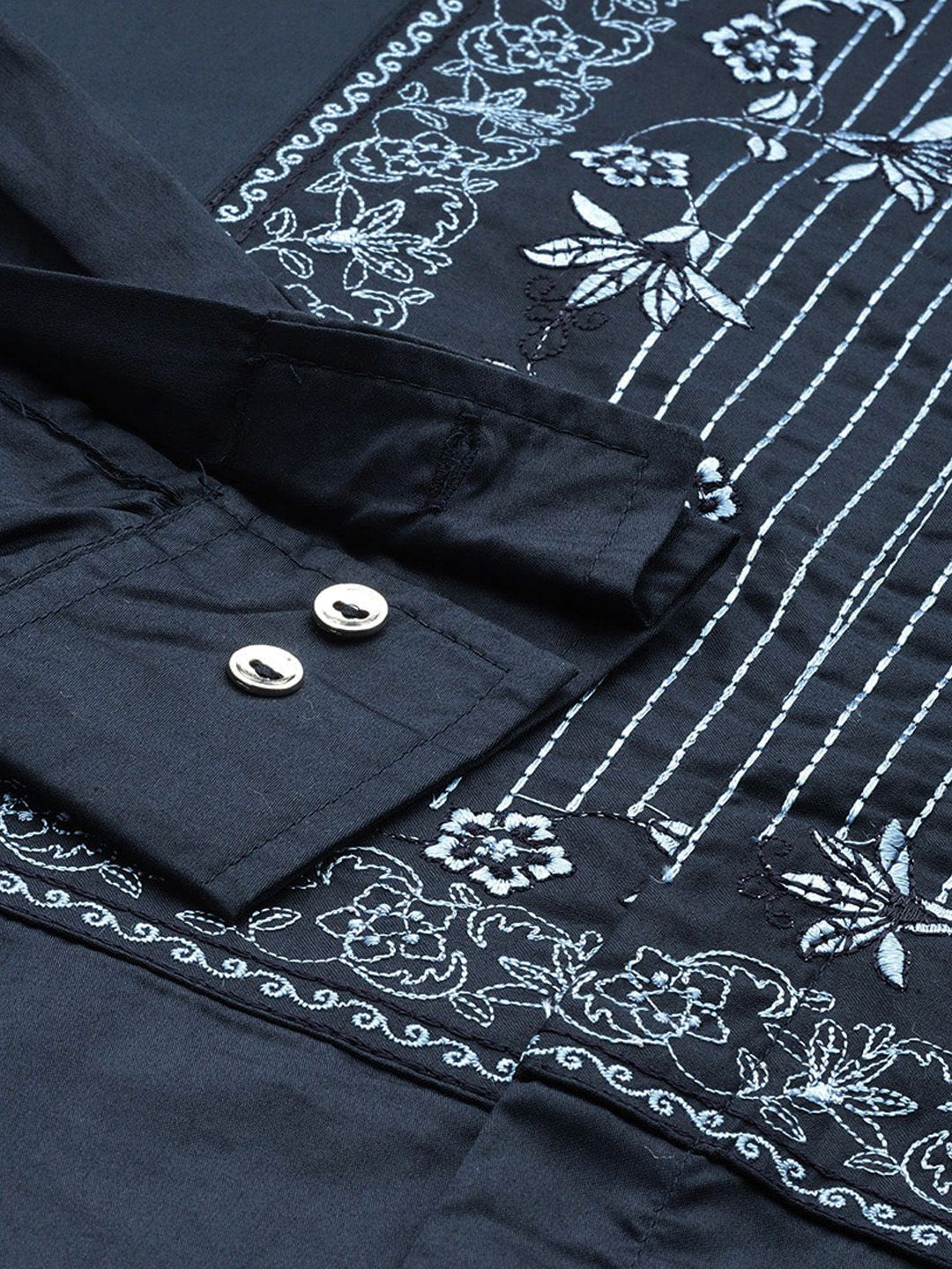 House of Pataudi Floral Embroidered Roll-Up Sleeves Pure Cotton Party Rozana Shirt