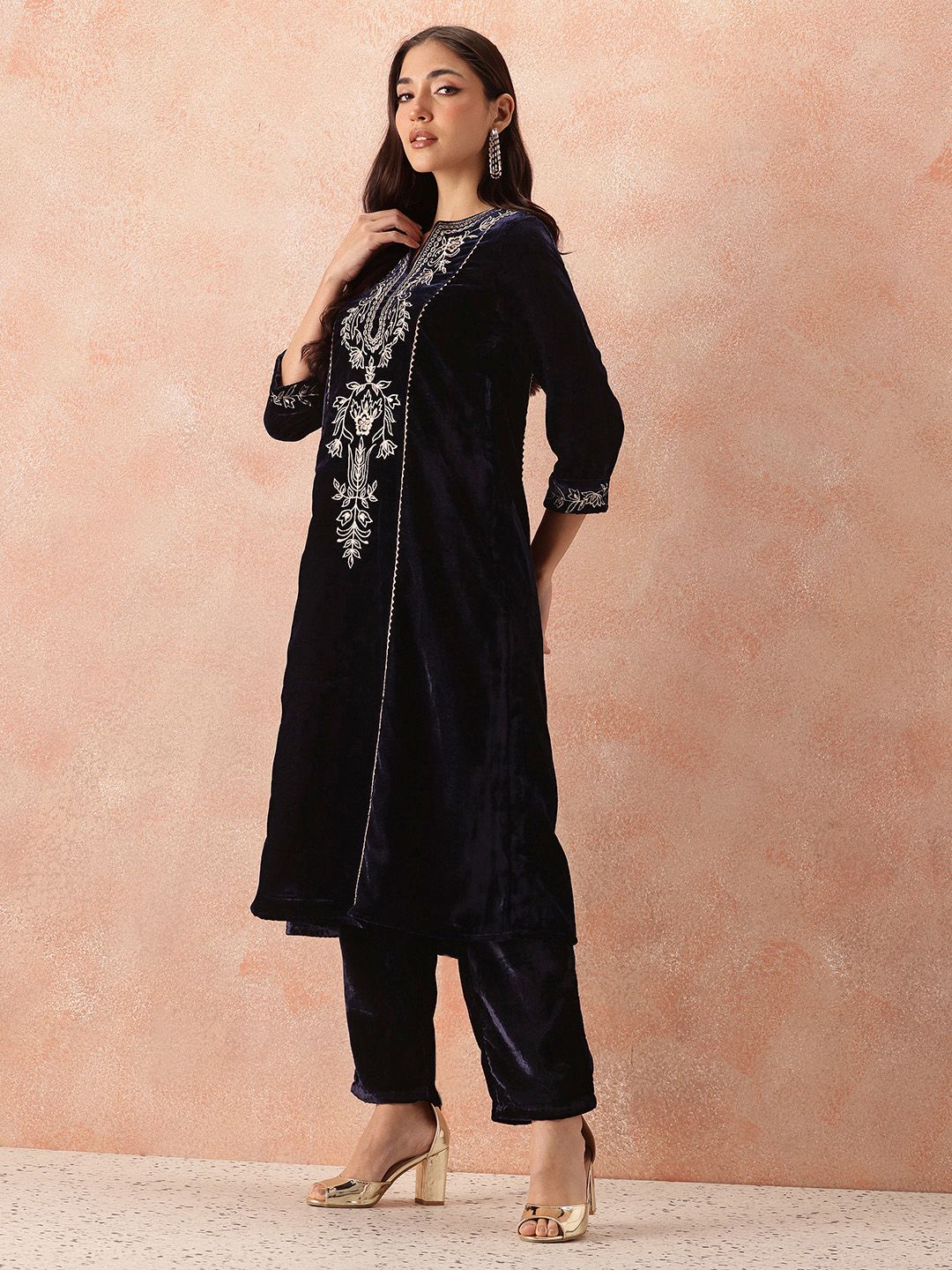 all about you Velvet Finish Floral Embroidered Gotta Patti Kurta with Trousers