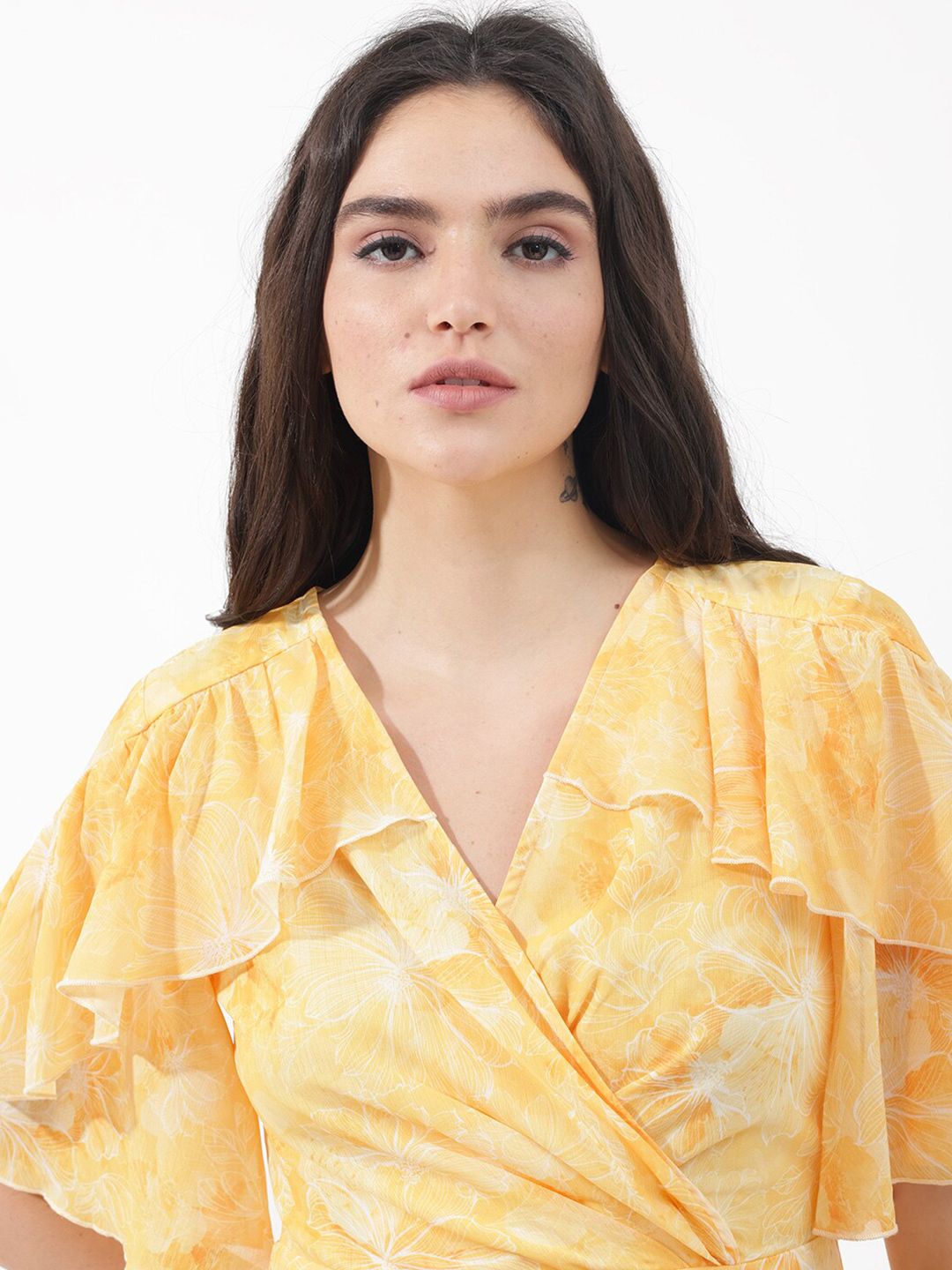 RAREISM Floral Printed Flared Sleeves Wrap Dress