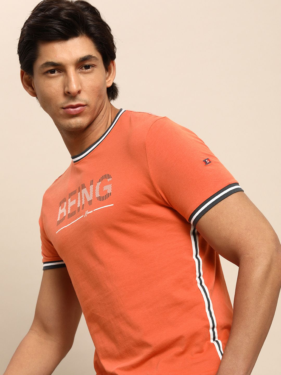 Being Human Men Rust Orange Brand Logo Printed Pure Cotton T-shirt