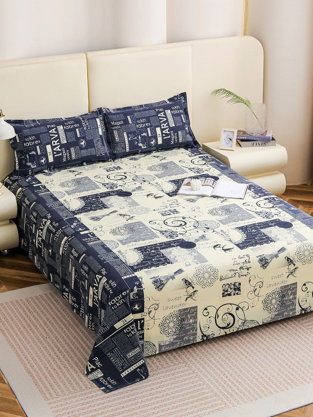 Story@home Blue Cream-Coloured Flat Cotton 210 TC 1 King Bedsheet with 2 Pillow Covers