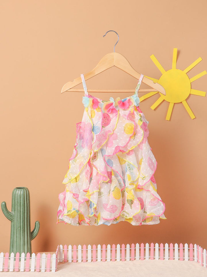 Nauti Nati Girls White & Pink Printed A-Line Dress with Ruffle Detail