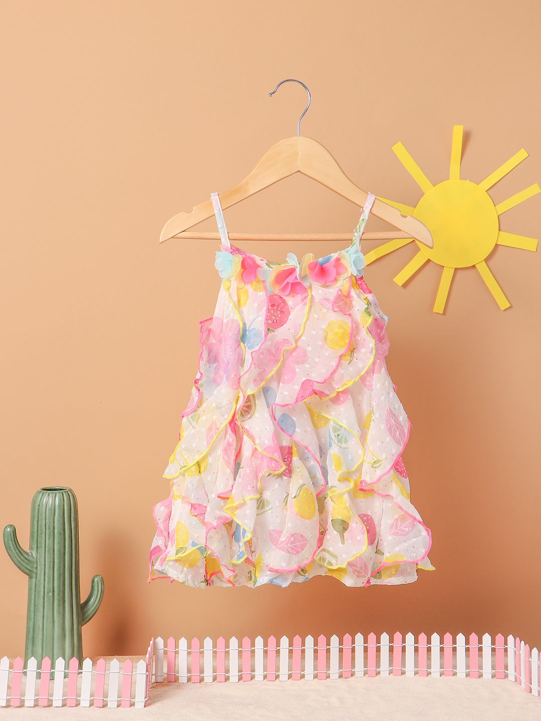 Nauti Nati Girls White & Pink Printed A-Line Dress with Ruffle Detail