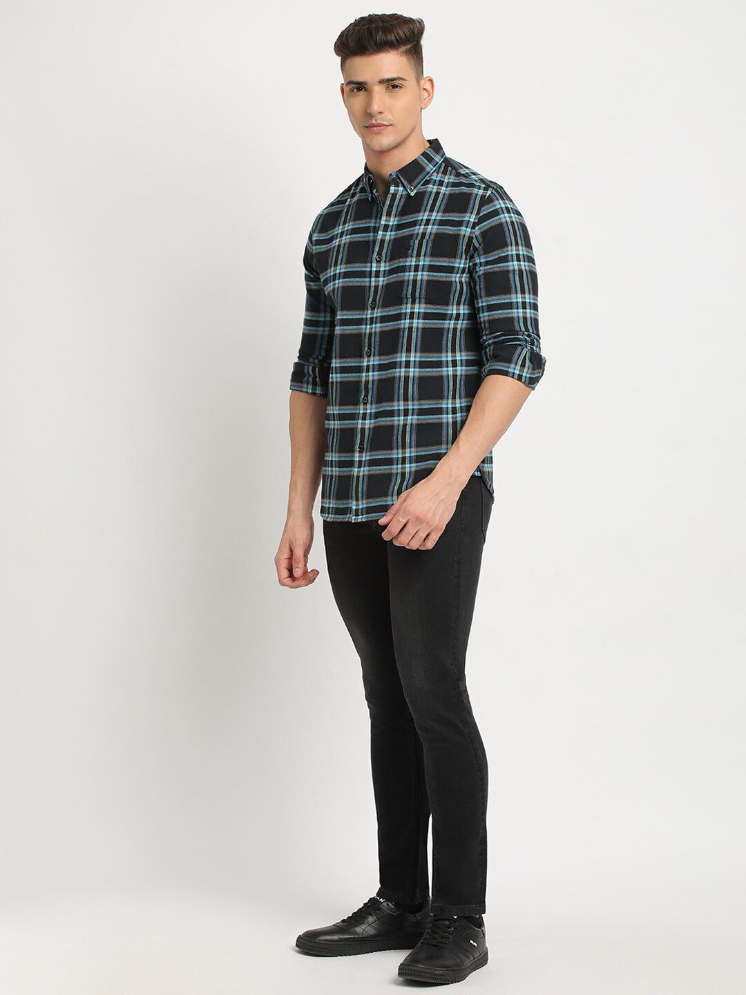 THE BEAR HOUSE Button-Down Collar Tartan Checks Long Sleeves Slim Fit Cotton Casual Shirt