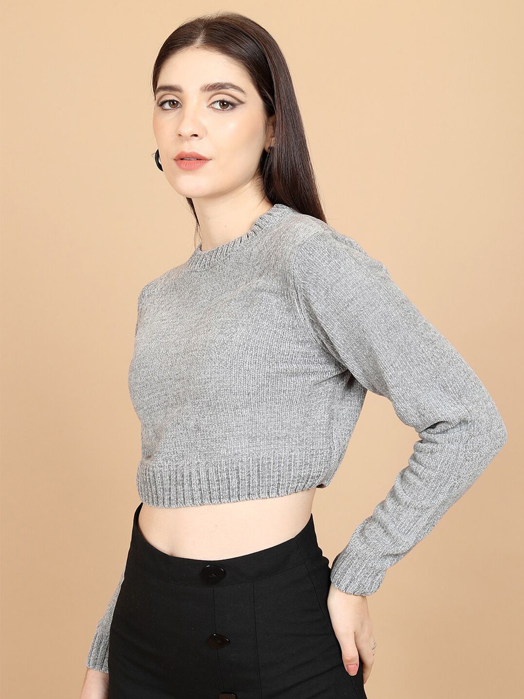 Tokyo Talkies Grey Ribbed Acrylic Crop Pullover Sweater