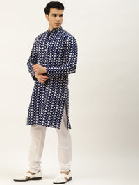 SOJANYA Men Navy Blue Chikankari Embroidered Kurta with Churidar & Nehru Jacket