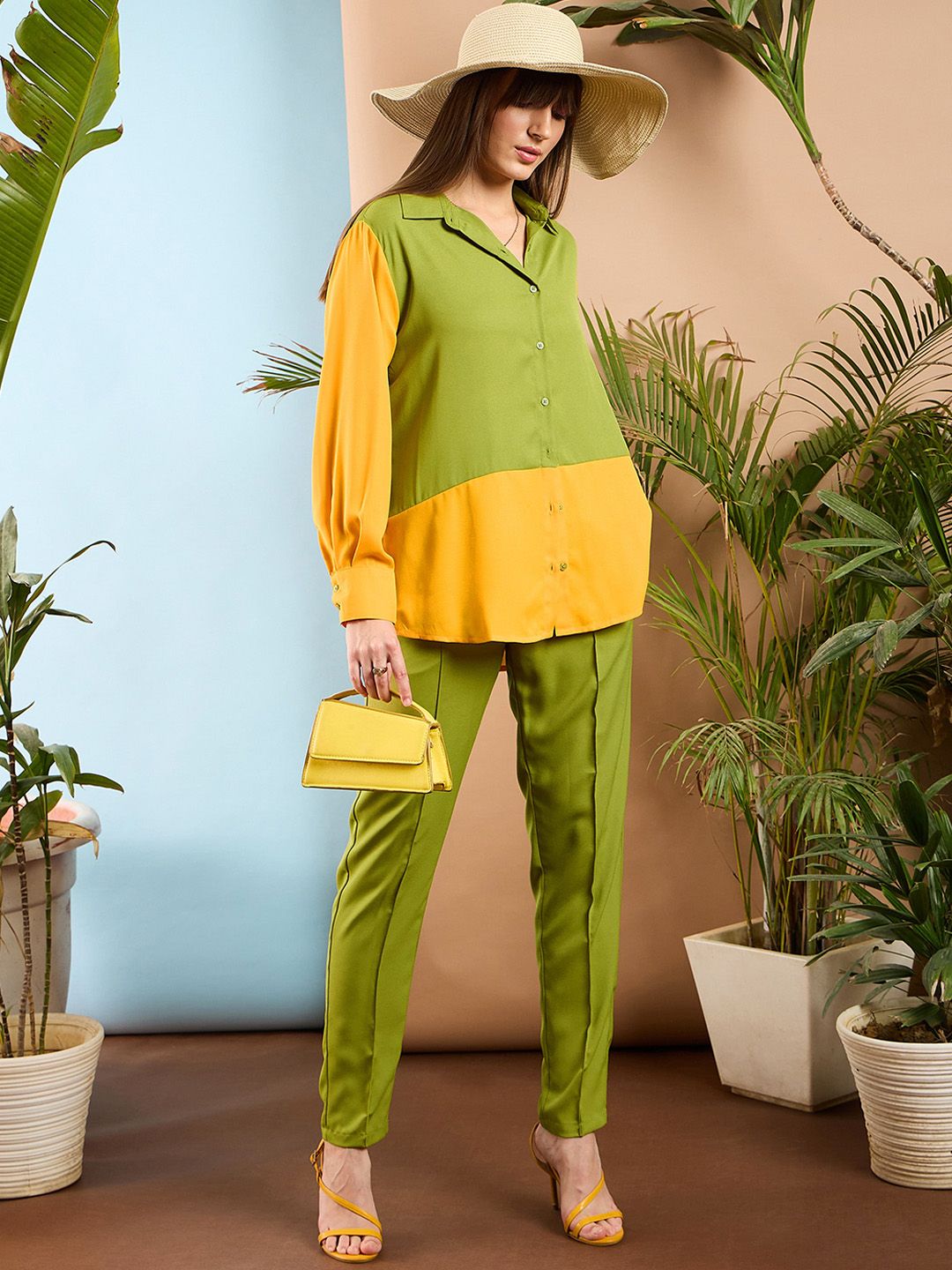 SASSAFRAS Olive Green Colourblocked Shirt With Trousers