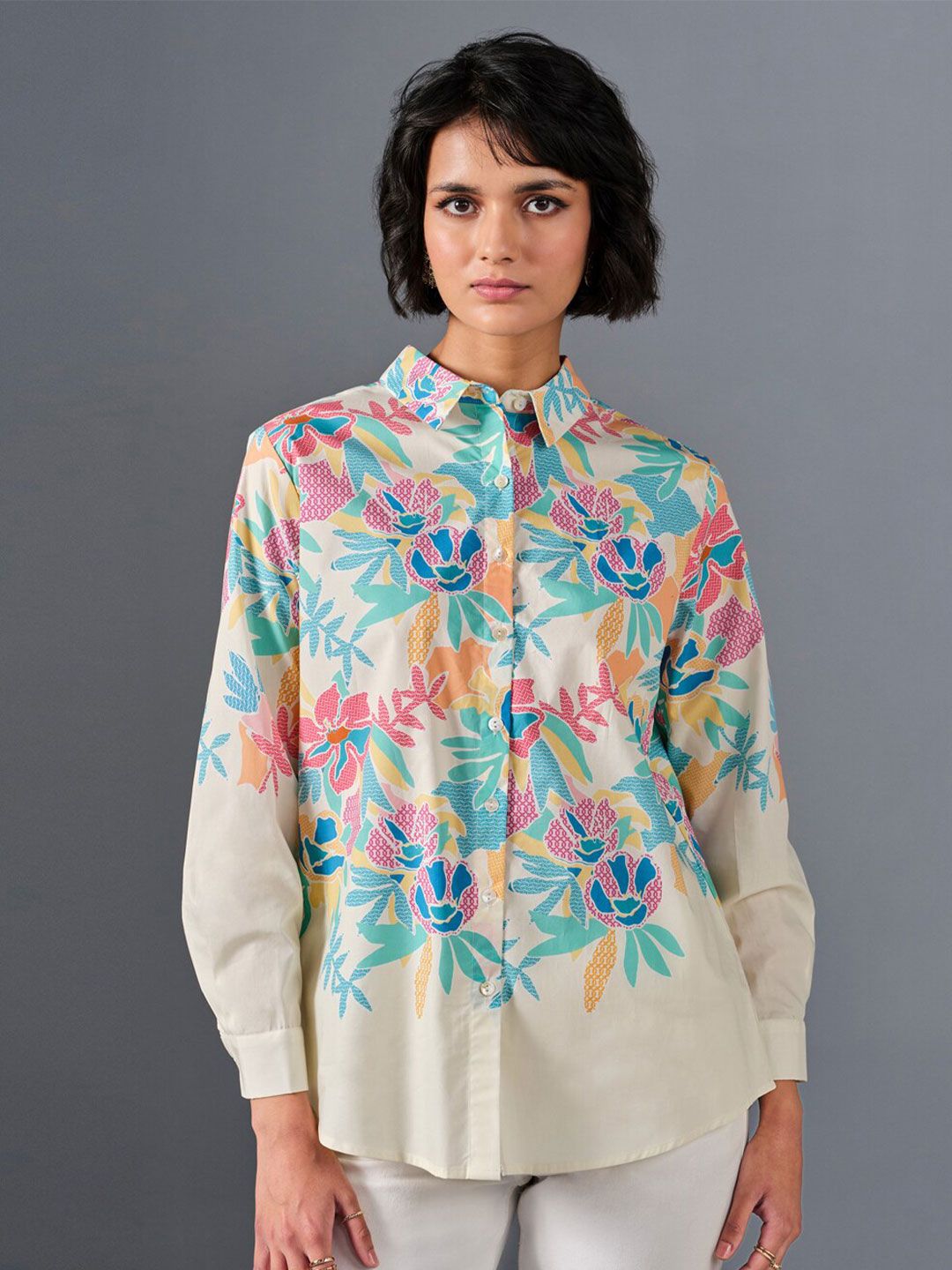 AND Floral Printed Cuffed Sleeves Cotton Shirt Style