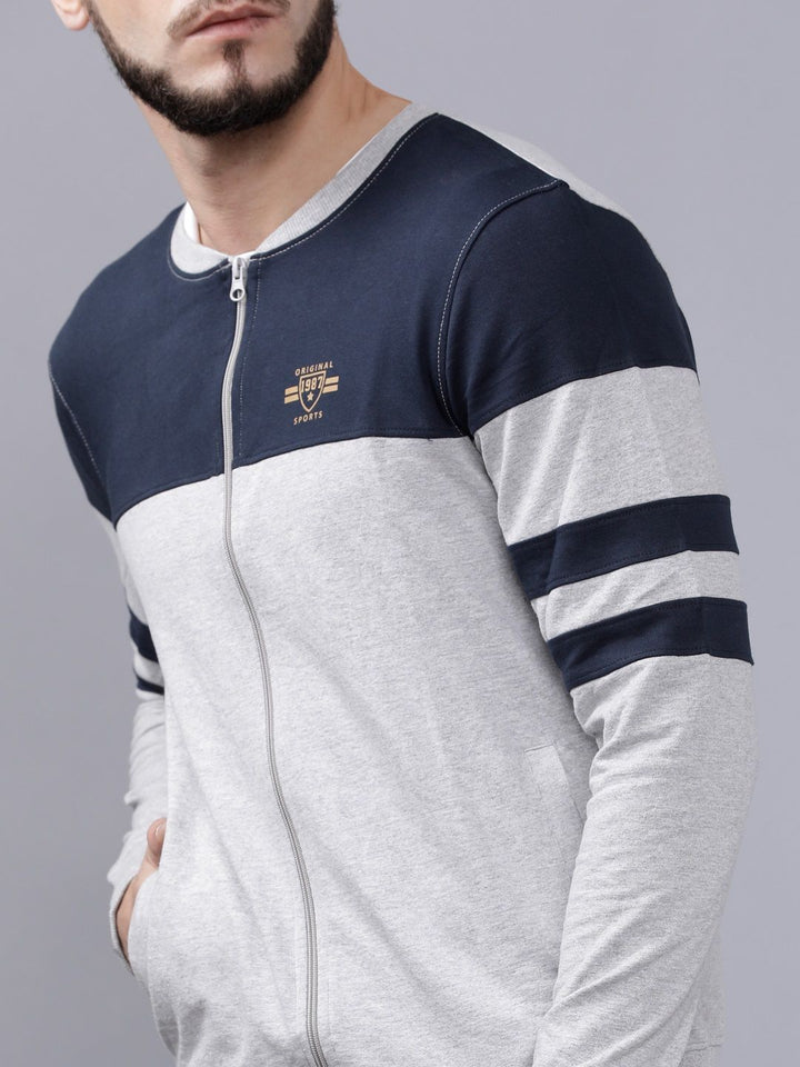 The Indian Garage Co Men Grey Melange & Navy Blue Colourblocked Sweatshirt